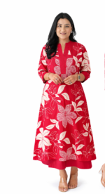 Women Red Floral Cotton Kurti Dress | Stylish Printed A-Line Kurta - Image 3