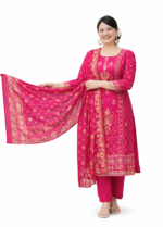 Women’s Purple Pink Printed Kurta Set with Dupatta | Ethnic Wear Straight Kurti Pant Set for Women - Image 4