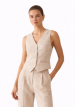 Women’s Beige Striped Co-ord Set | Sleeveless Vest & Pant Suit | Elegant Casual & Office Wear - Image 2