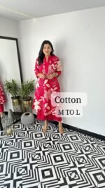 Women Red Floral Cotton Kurti Dress | Stylish Printed A-Line Kurta - Image 4