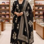 Women Black Floral Ethnic Kurta Set with Dupatta | Cotton Blend Anarkali Kurti Palazzo Set | Festive & Party Wear