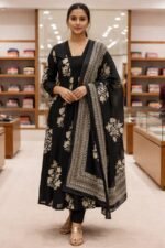 Women Black Floral Ethnic Kurta Set with Dupatta | Cotton Blend Anarkali Kurti Palazzo Set | Festive & Party Wear