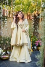 Cream Gold Georgette Kurta Sharara Set with Dupatta for Women | Festive & Wedding Ethnic Wear