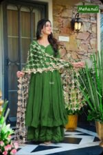 Women Mehendi Green Anarkali Gown with Designer Dupatta | Festive & Party Wear Ethnic Dress