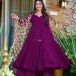 Women Fire Wine Anarkali Gown with Dupatta | Party Wear Long Flared Kurti Dress