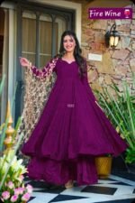 Women Fire Wine Anarkali Gown with Dupatta | Party Wear Long Flared Kurti Dress (Copy)