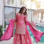 Women’s Pink Embroidered Kurta Sharara Set with Dupatta | Ethnic Festive Wear Suit