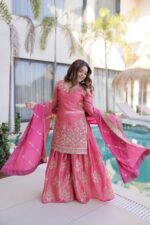 Women’s Pink Embroidered Kurta Sharara Set with Dupatta | Ethnic Festive Wear Suit