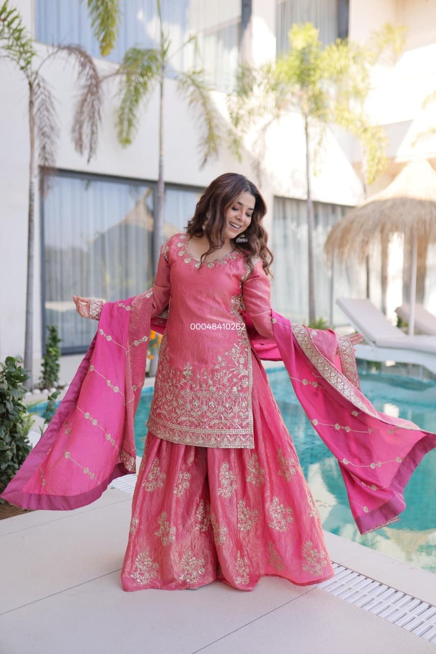 Women’s Pink Embroidered Kurta Sharara Set with Dupatta | Ethnic Festive Wear Suit - Image 1