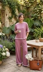 Women’s Pink Co-ord Set with Contrast Piping | Casual Comfort Fit Top & Palazzo Set