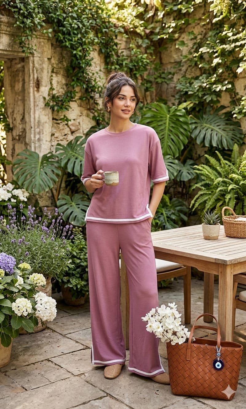 Women’s Pink Co-ord Set with Contrast Piping | Casual Comfort Fit Top & Palazzo Set - Image 1