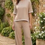 Women’s Beige Co-ord Set with White Contrast Piping | Casual Comfort Fit Top & Palazzo Set