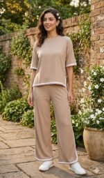 Women’s Beige Co-ord Set with White Contrast Piping | Casual Comfort Fit Top & Palazzo Set