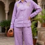 Women Lavender Cotton Co-ord Set with Embroidery | Stylish Shirt & Palazzo Set