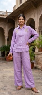 Women Lavender Cotton Co-ord Set with Embroidery | Stylish Shirt & Palazzo Set