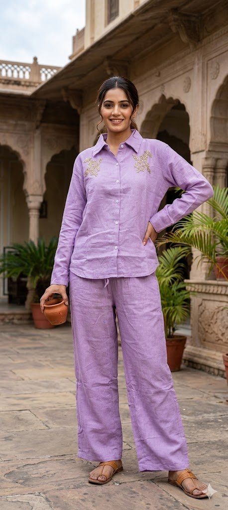 Women Lavender Cotton Co-ord Set with Embroidery | Stylish Shirt & Palazzo Set - Image 1