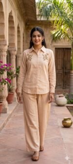 Women’s Beige Cotton Co-ord Set | Casual Shirt & Pant Set | Summer Comfortable Outfit for Women