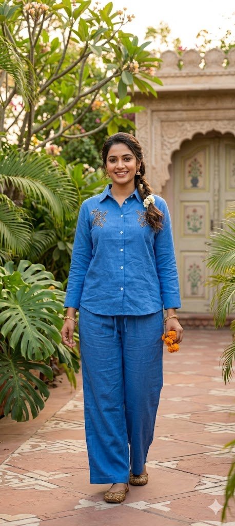 Women’s Blue Cotton Co-ord Set | Stylish Shirt & Pant Set | Comfortable Casual & Summer Wear - Image 1