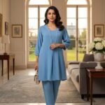 Women’s Sky Blue Kurta Pant Set | Elegant Straight Kurta with Pants | Casual & Office Wear