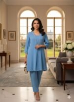 Women’s Sky Blue Kurta Pant Set | Elegant Straight Kurta with Pants | Casual & Office Wear