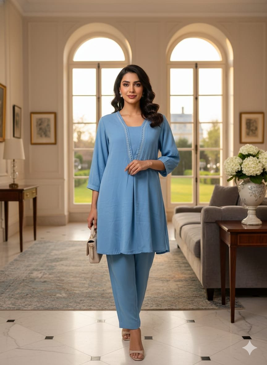 Women’s Sky Blue Kurta Pant Set | Elegant Straight Kurta with Pants | Casual & Office Wear - Image 1