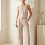 Women’s Beige Striped Co-ord Set | Sleeveless Vest & Pant Suit | Elegant Casual & Office Wear