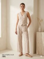 Women’s Beige Striped Co-ord Set | Sleeveless Vest & Pant Suit | Elegant Casual & Office Wear