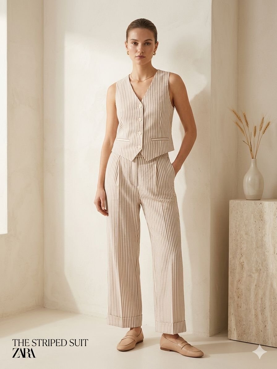 Women’s Beige Striped Co-ord Set | Sleeveless Vest & Pant Suit | Elegant Casual & Office Wear - Image 1