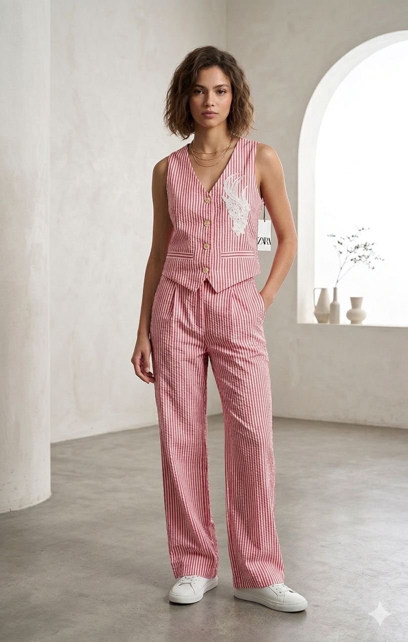 Women’s Pink Striped Co-ord Set | Sleeveless Vest & Pant Suit | Stylish Casual & Office Wear - Image 1