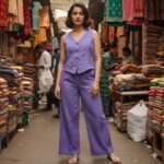 Women’s Purple Printed Co-ord Set | Sleeveless V-Neck Top & Wide Leg Pants Casual Outfit