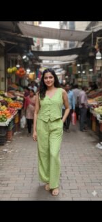 Women’s Green Printed Co-ord Set | Sleeveless Top & Wide Leg Pants Casual Outfit