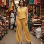 Women’s Yellow Printed Co-ord Set | Sleeveless V-Neck Top & Wide Leg Pants Casual Outfit