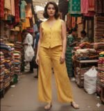 Women’s Yellow Printed Co-ord Set | Sleeveless V-Neck Top & Wide Leg Pants Casual Outfit