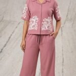 Women’s Pink Co-Ord Set | Printed Shirt & Wide Leg Pants | Casual Lounge Wear Set