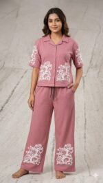 Women’s Pink Co-Ord Set | Printed Shirt & Wide Leg Pants | Casual Lounge Wear Set