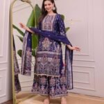 Women’s Printed Kurta Palazzo Set with Dupatta | Stylish Ethnic Wear Suit Set (Navy Blue & Multicolor)
