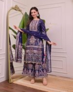 Women’s Printed Kurta Palazzo Set with Dupatta | Stylish Ethnic Wear Suit Set (Navy Blue & Multicolor)