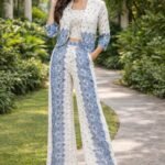Women’s White & Blue Printed Co-Ord Set with Jacket | Stylish Western Outfit
