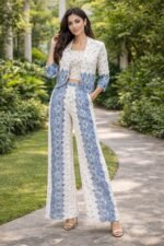 Women’s White & Blue Printed Co-Ord Set with Jacket | Stylish Western Outfit