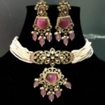 Traditional Kundan Choker Necklace Set for Women | Pink Stone Pearl Bridal Jewellery Set
