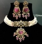 Traditional Kundan Choker Necklace Set for Women | Pink Stone Pearl Bridal Jewellery Set