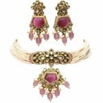 Traditional Kundan Choker Necklace Set for Women | Pink Stone Pearl Bridal Jewellery Set - Image 5