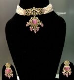 Traditional Kundan Choker Necklace Set for Women | Pink Stone Pearl Bridal Jewellery Set - Image 3