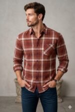 Men’s Rust Brown Checked Casual Shirt | Stylish Slim Fit Cotton Check Shirt for Men - Image 2