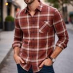 Men’s Rust Brown Checked Casual Shirt | Stylish Slim Fit Cotton Check Shirt for Men