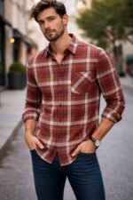 Men’s Rust Brown Checked Casual Shirt | Stylish Slim Fit Cotton Check Shirt for Men