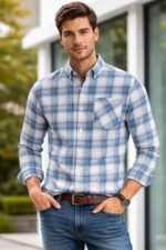 Men’s Blue White Checked Casual Shirt | Stylish Slim Fit Cotton Check Shirt for Men
