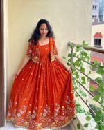 Women Anarkali Gown with Embroidered Jacket | Party Wear Ethnic Dress (Wine Red) - Image 4