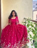 Women Anarkali Gown with Embroidered Jacket | Party Wear Ethnic Dress (Wine Red) - Image 5