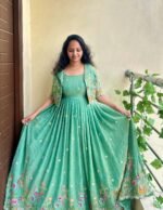 Women Anarkali Gown with Embroidered Jacket | Party Wear Ethnic Dress (Wine Red) - Image 3